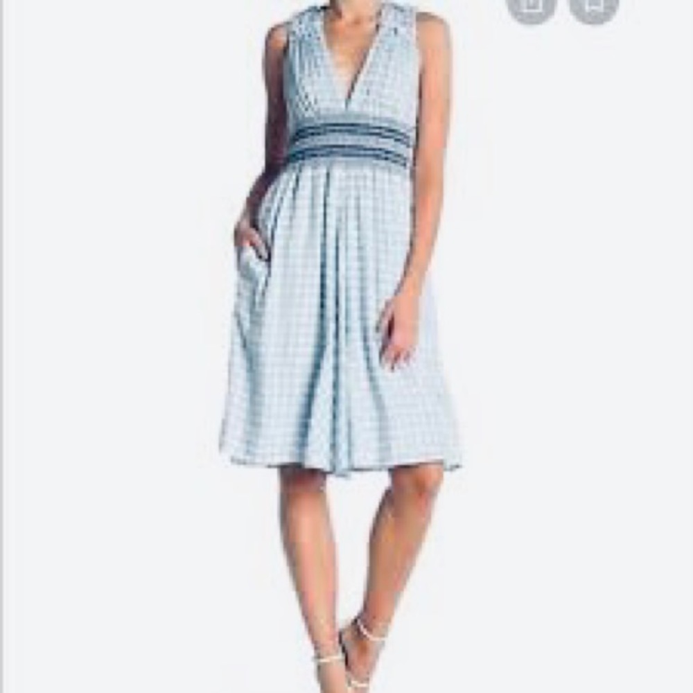 Allen Schwartz Delilah Blue Gingham Deep V Smocked Party Dress S NWT